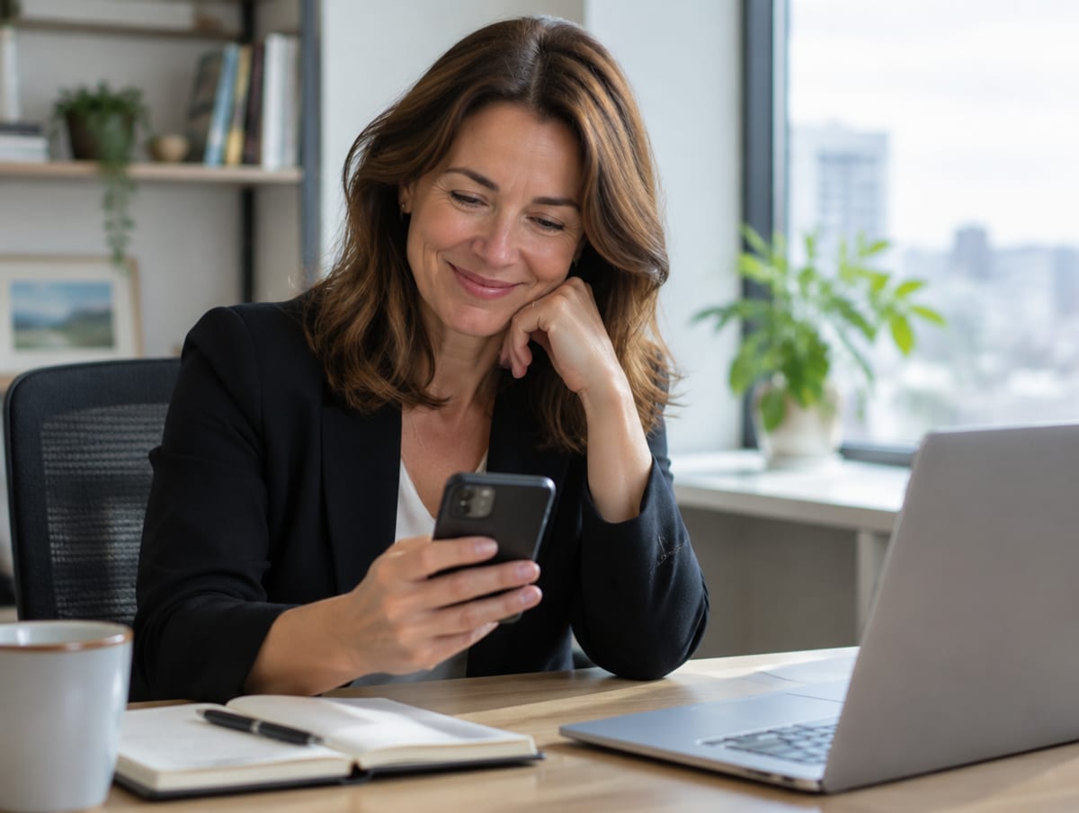 A professional woman smiling at her phone at her desk