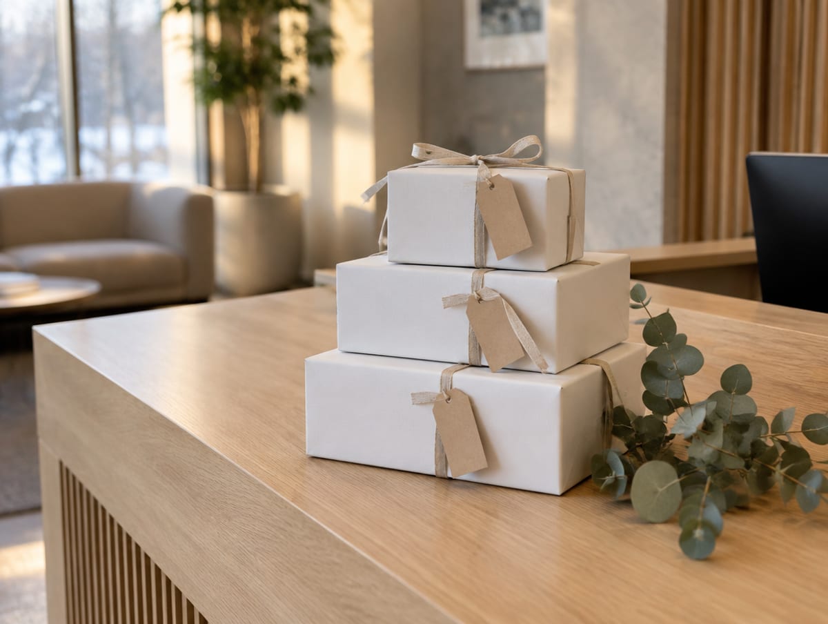 A stack of plain white gift boxes tied with ribbon on an office desk