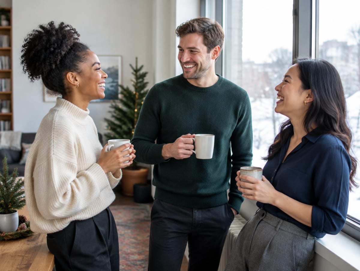 Three colleagues laughing together by an office window