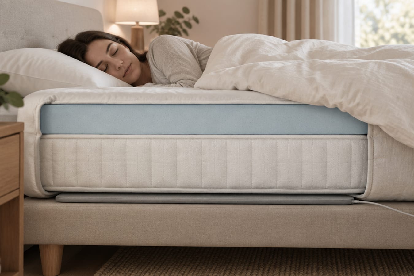 A woman asleep under a duvet on a thick mattress