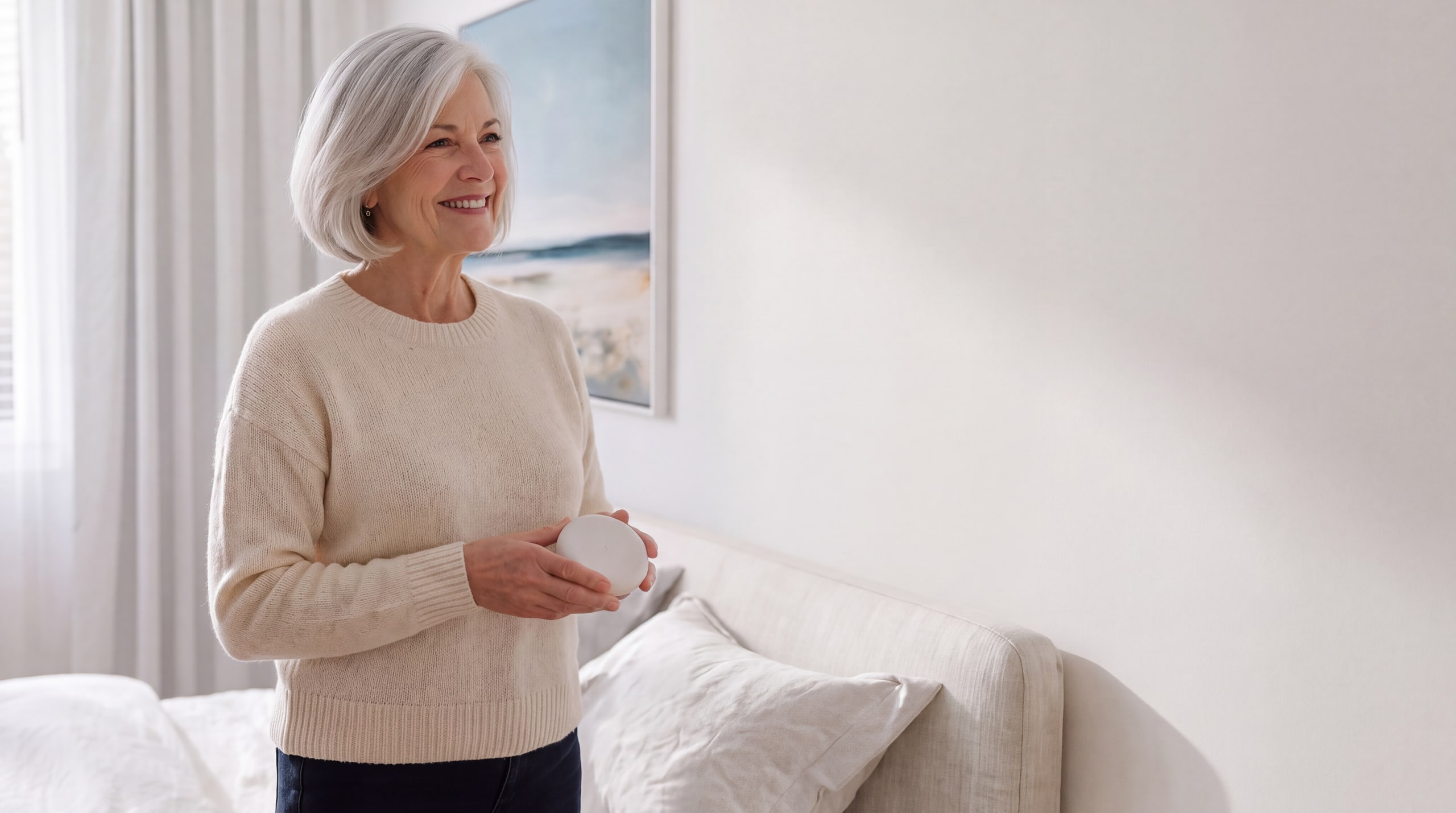 An older woman in her bedroom, holding the Essence sensor