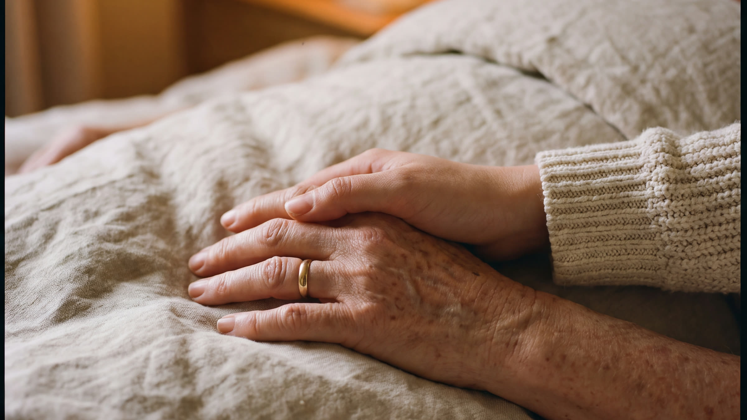 An older hand resting on a younger one, on a bedspread