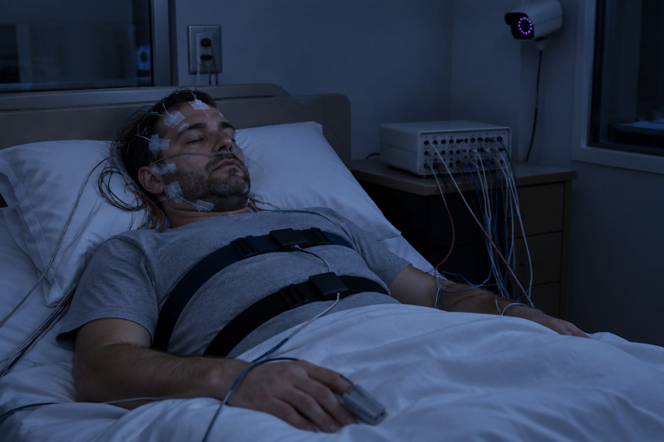A man in a sleep lab with sensors attached
