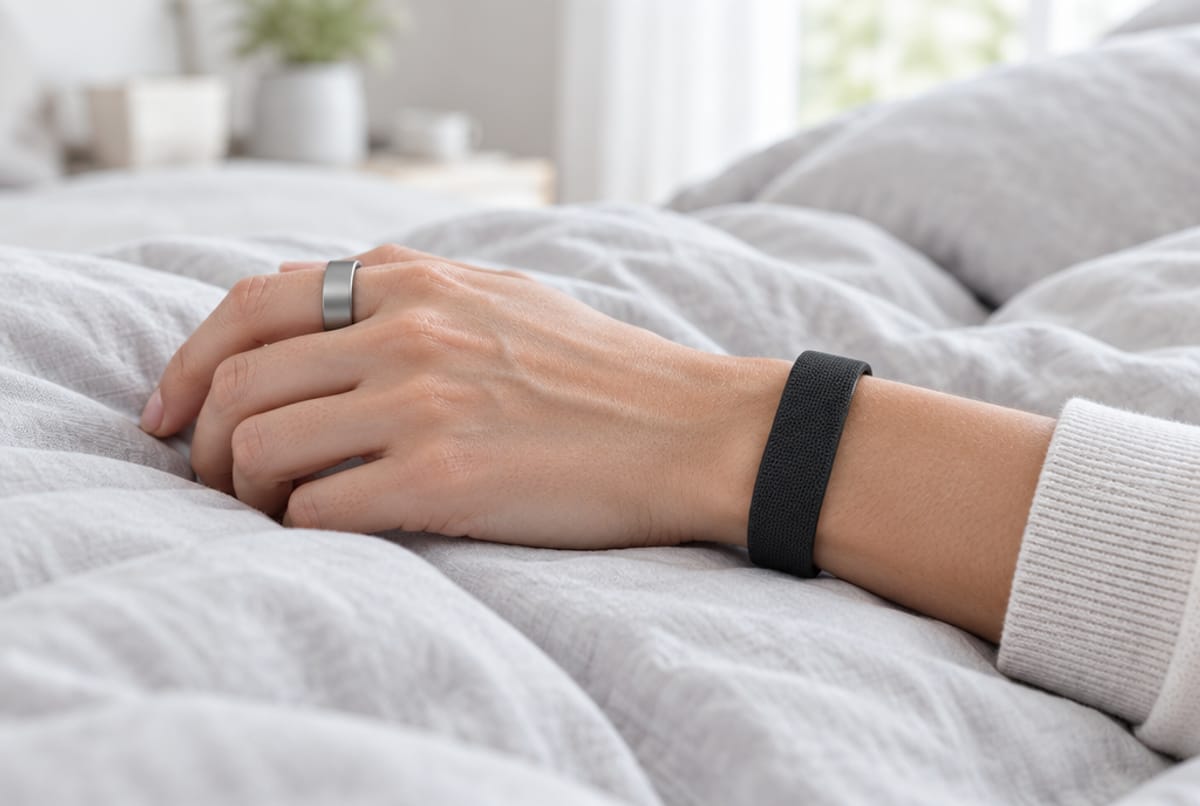 A smart ring and a fitness band, worn